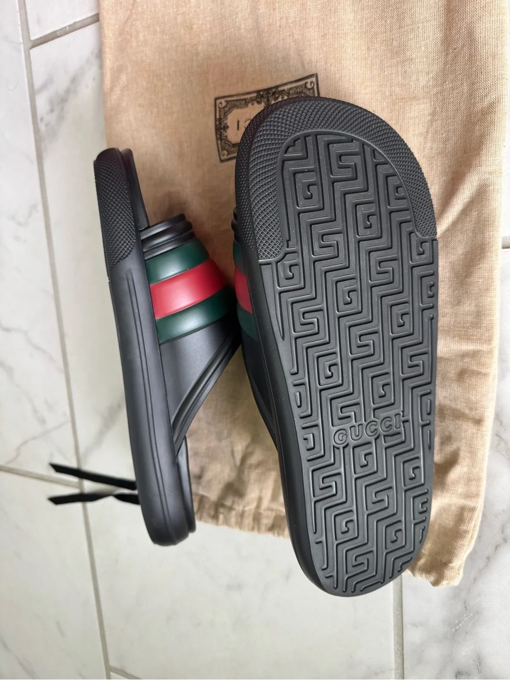 Gucci Black Slides with Red and Green Stripes